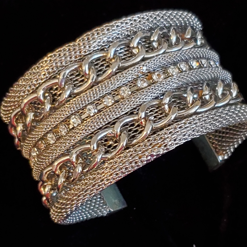 Silvertone mesh and chains cuff bracelet with rhinestones